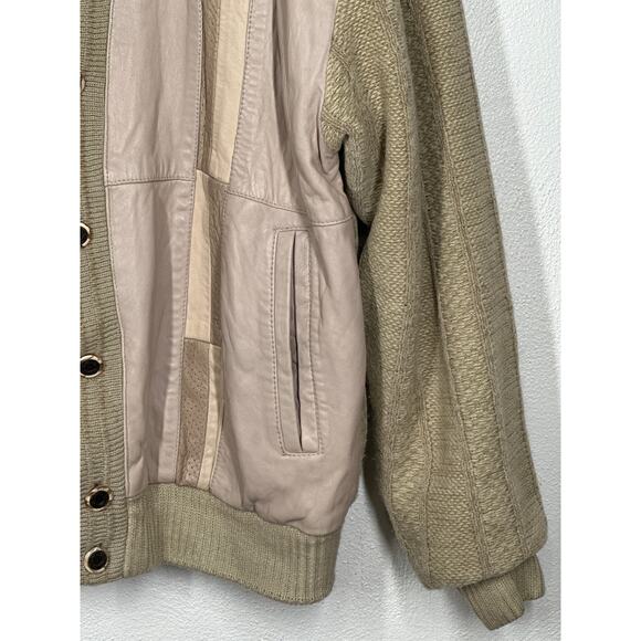 VTG SAXONY Leather Sweater Cardigan M Tan Color Block Dad Grandpa Aesthetic - Picture 4 of 16